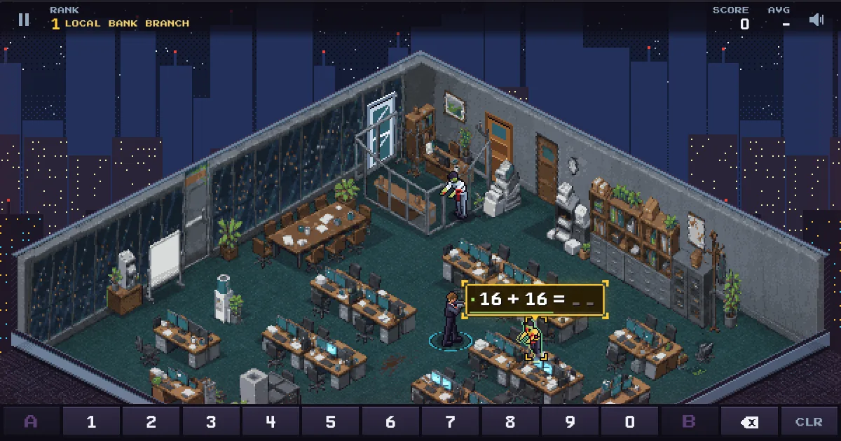 A round in the open-plan office: zombies walk between the desks and the targeted one carries the sum 16 + 16, with the number keypad below.